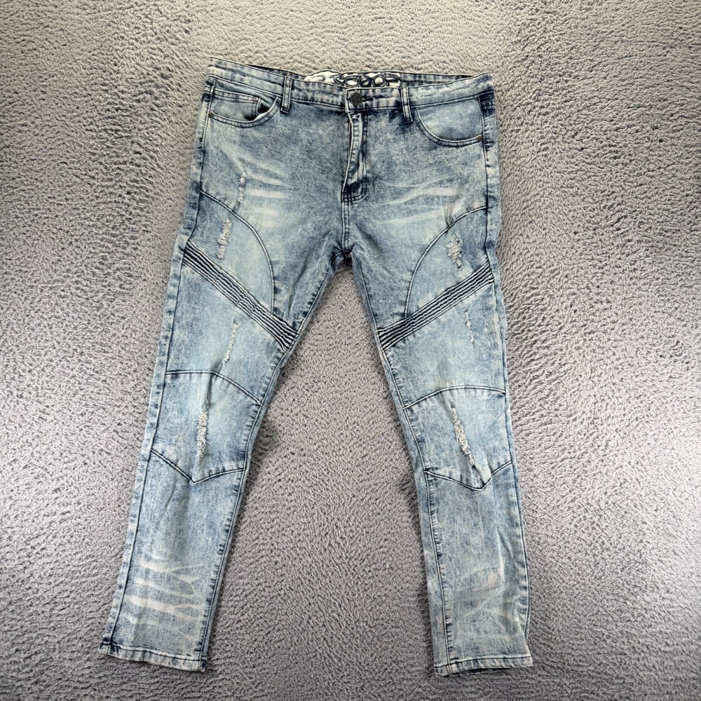 LR Scoop Jeans Mens 37x30 Blue Cotton Denim Skinny Leg Faded Biker Moto Stretch